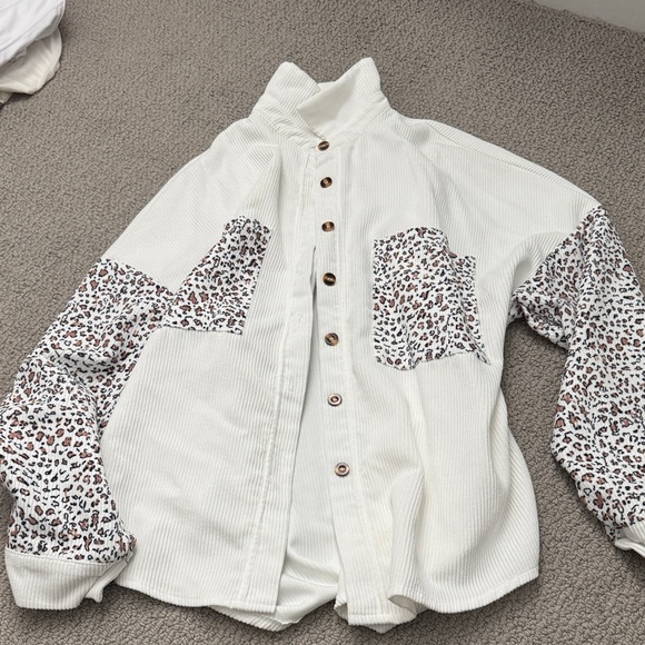 White Corduroy Shirt with Leopard Print Accents - Picture 1 of 4